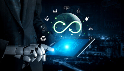 Obraz premium The concept of an AI driven circular economy for sustainable production and consumption. A global AI model for recycling and renewable energy. Motif