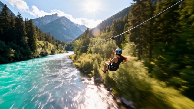 A woman wearing a helmet ziplines with thrill and excitement over a stunning turquoise river, surrounded by lush forests and towering mountains under a bright sun