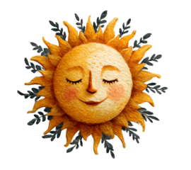Serene hand-drawn sun with closed eyes and gentle smile