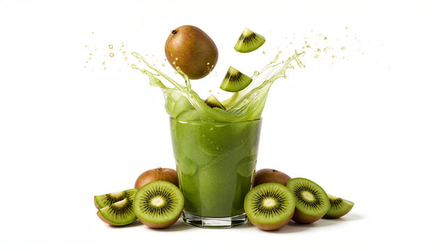 Fresh Kiwi Smoothie Splash with Whole and Sliced Kiwis on White Background