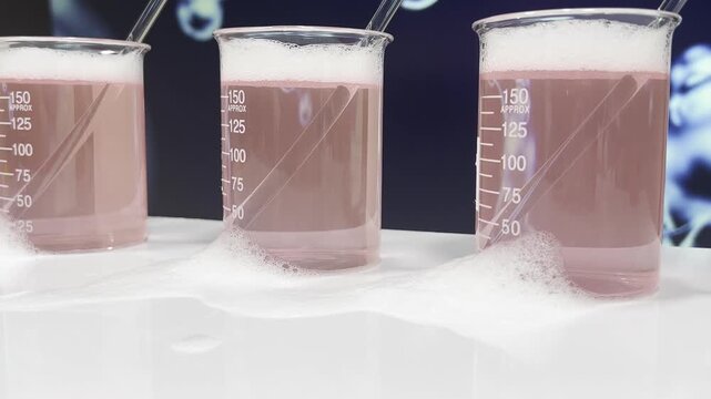 Close-Up of Foaming Pink Chemical Solution in Laboratory Beakers with Glass Stir Rods