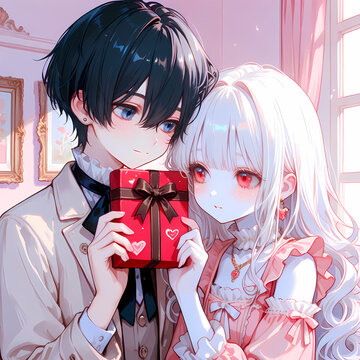 プレゼントを贈る恋人。アルビノの少女と碧眼の青年のバレンタインデー。日本の漫画風のAIイラスト