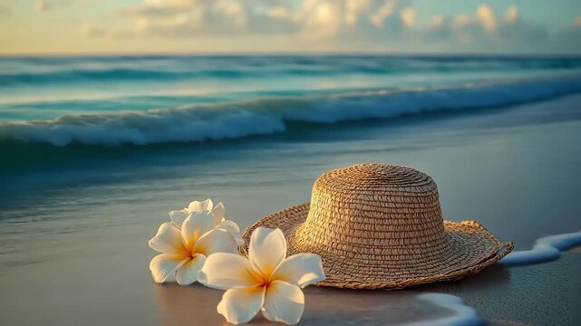 Seaside Serenity: A sun hat rests peacefully on the sandy shore, complemented by delicate flowers, as gentle waves caress the shoreline, symbolizing the peace of beach relaxation.