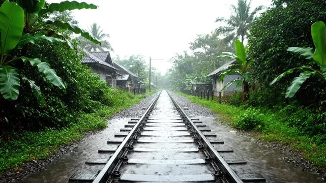 Rain falling beside Indonesian railway tracks without crossing gate, seamless looping motion background, cinematic ambience, 4K video clip, no audio