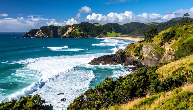 Scenic coastal landscape with waves crashing on a beach