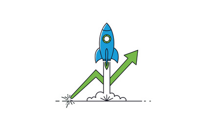 Blue rocket launching upwards, symbolizing rapid business growth, innovation, and startup success, vector illustration isolated on transparent background.