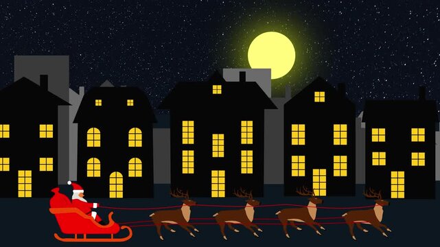 Santa claus and reindeer flying over city rooftops on christmas eve under a bright moon in a festive holiday scene