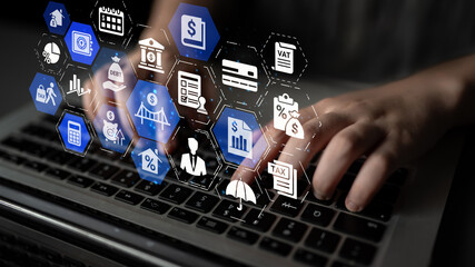 Loan icons represent debt, repayment, and financial planning. Loan supports banking, loan connects...