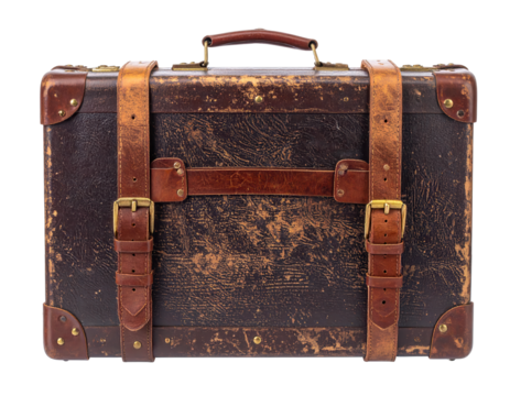 An antique, worn suitcase stands against a stark black background, featuring weathered brown leather, brass buckles, and sturdy straps, exuding a vintage aesthetic and hinting at travel and...
