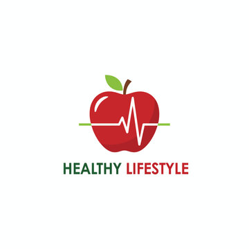 Vector logo of an apple with heartbeat line, healthy lifestyle, flat vector, white background.