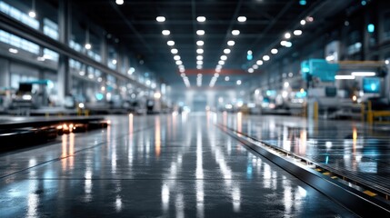 Large Industrial Factory Interior with Robotic Machines and Metallic Floor