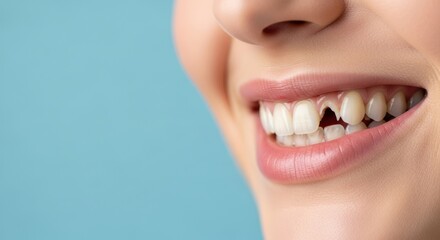 Fototapeta premium Close-up shot of a broken tooth in a woman, woman smiling with a broken front tooth, banner with copy space on a blue background, closeup horizontal photography.