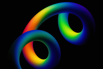 Dual rainbow spiral loops — glossy neon ribbons on black