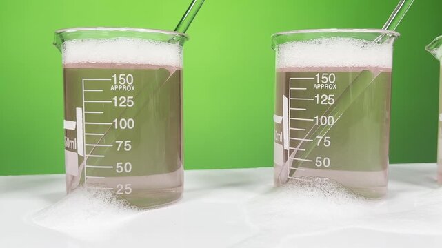 Foamy Pink Chemical Solution in 150ml Laboratory Beakers with Glass Stirring Rods on Green Background