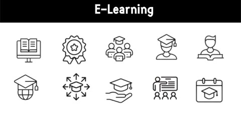 E-learning, digital education elements, editable stroke minimal thin line web icon set.