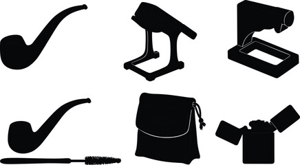 Silhouette icons of smoking pipe, microscope, stapler, mascara brush, handbag purse, open box, isolated black vector symbols for design illustration