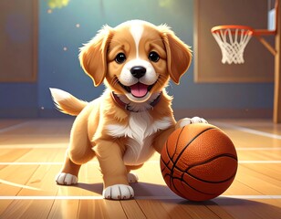 Happy puppy playing basketball in a gym