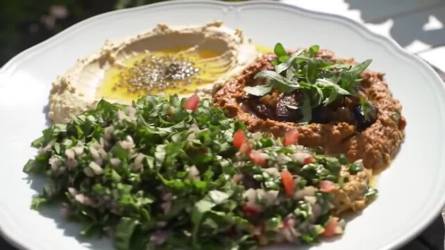 Middle Eastern Mezze Platter: Hummus, Baba Ghanoush, and Tabbouleh