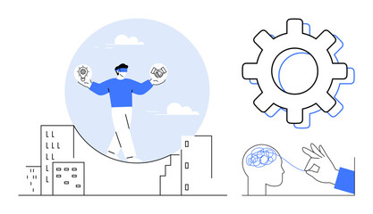 Person balancing light bulb, handshake over buildings symbolizing innovation, partnership. Gear and brain concepts reflect problem-solving, learning. Ideal for teamwork, brainstorming, progress