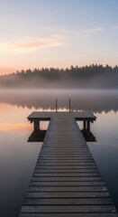Fototapeta premium Wooden jetty extending into a misty lake at sunrise, with silhouetted trees on the horizon and soft pastel sky