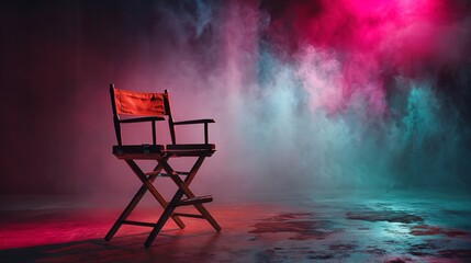 Directors chair stands alone in a smoky room with colorful lighting