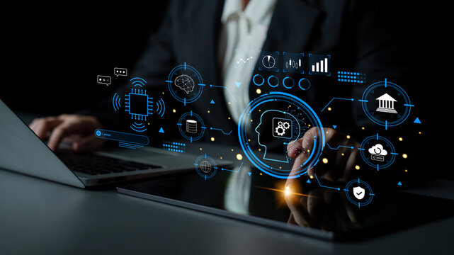 An advanced AI system for business and financial analysis. A futuristic interface for commanding an AI to process data from various domains. Motif
