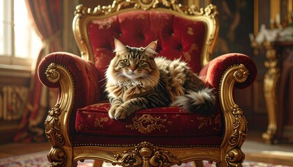Luxurious cat resting in ornate chair