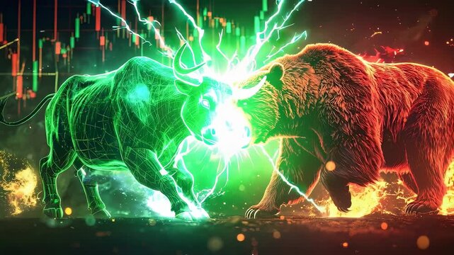 Dynamic financial market battle: Green bull versus red bear with vibrant stock chart