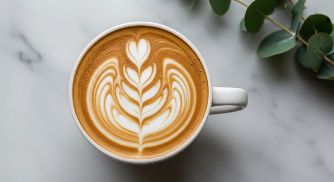 Overhead view of a white mug filled with latte coffee, featuring intricate latte art with a heart shape - Powered by Adobe