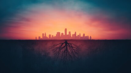 A dramatic sunset casts vibrant colors over a city skyline, with a tree's roots visually connecting the urban landscape to the earth.