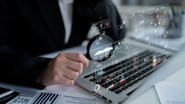 A big data visualization and business analytics dashboard grid. A complex collection of charts and graphs for comprehensive company reporting. Motif