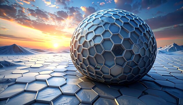 Futuristic sphere on a hexagonal landscape at sunrise