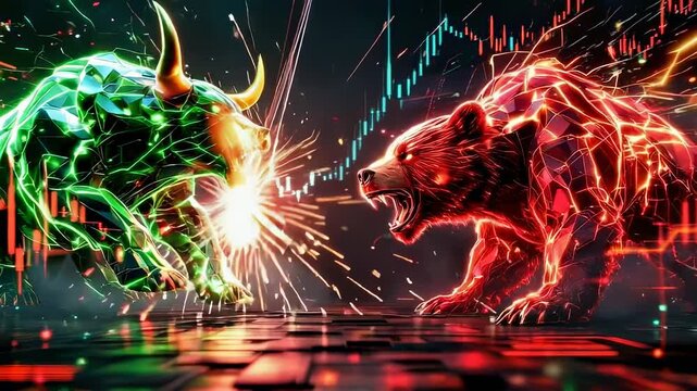 Dynamic stock market battle green bull versus red bear face-off financial stock video