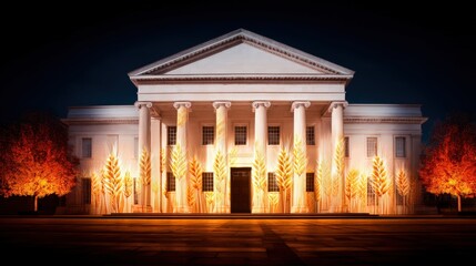 Obraz premium A beautifully illuminated building with grand columns and vibrant autumn trees, showcasing artistic projections on its facade at night.