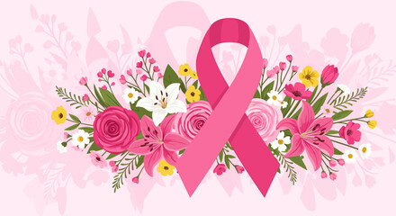 Fototapeta premium Pink ribbon with delicate flowers and floral background for breast cancer awareness