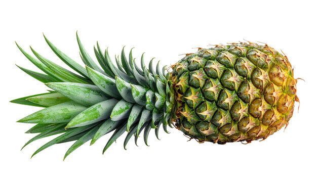shot presents a whole pineapple with its green spiky leaves extending towards the left, while its textured body transitions from green to yellow hues, all set against a stark black background.