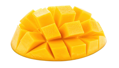Freshly cut ripe mango displayed against a stark black background, showcasing the juicy yellow flesh in a vibrant, visually appealing composition.
