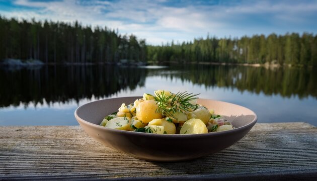 scandinavian new potato salad in a bowl with a serene forest lake view in finland