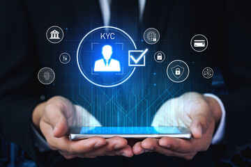 Digital KYC verification with biometric scan, ID authentication, and financial security icons representing identity verification, secure onboarding, fraud prevention, and compliance Vouch