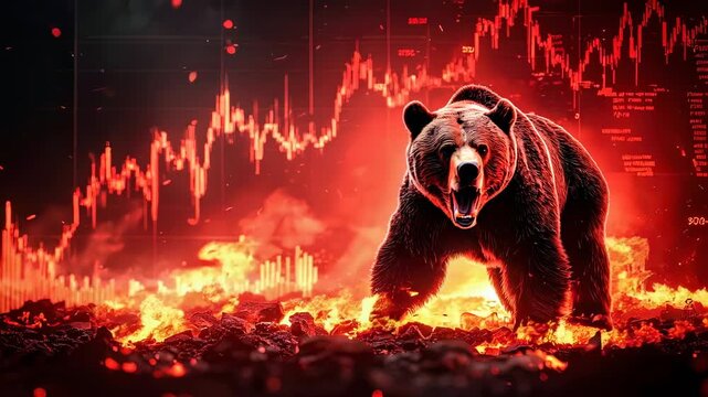 Fierce bear stands amidst intense fiery devastation symbolizing a severe market downturn and financial crash