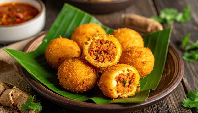 Combro Sunda, fried cassava balls filled with spicy oncom, styled on banana leaf plate, rustic appetizing food photography, authentic Sundanese snack.