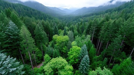 Lush Green Forest Canopy Aerial View with Misty Mountains and Soft Daylight A Majestic Wilderness Landscape
