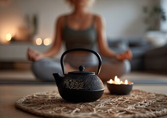 A serene interior scene featuring a woman meditating, a dark tea kettle, and warm candlelight.