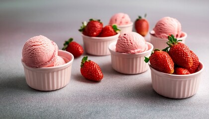 multiple strawberry ice cream scoops with fresh strawberries in cups