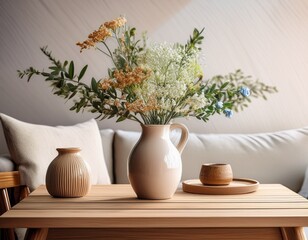 neutral home interior with wooden table and vase of fresh flowers