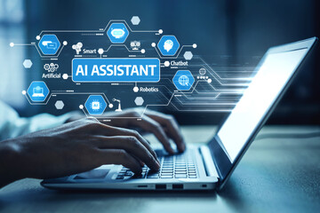 A close-up view of hands typing on a laptop featuring an AI assistant concept, illustrated with icons representing smart technology and robotics in a digital setting. Tessel