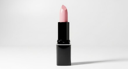 A single light pink lipstick in a black tube, isolated on white background, studio shot