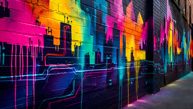 A vibrant and colorful graffiti mural adorns a brick wall, depicting a cityscape with abstract shapes and neon lights, creating a dynamic and urban art piece