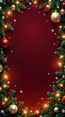 christmas background with fir branches, snowflakes and balls on a red background with empty space