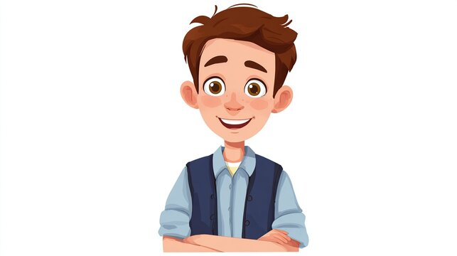 Smiling cartoon male with brown hair, light blue shirt, dark vest, and crossed arms on white - Powered by Adobe